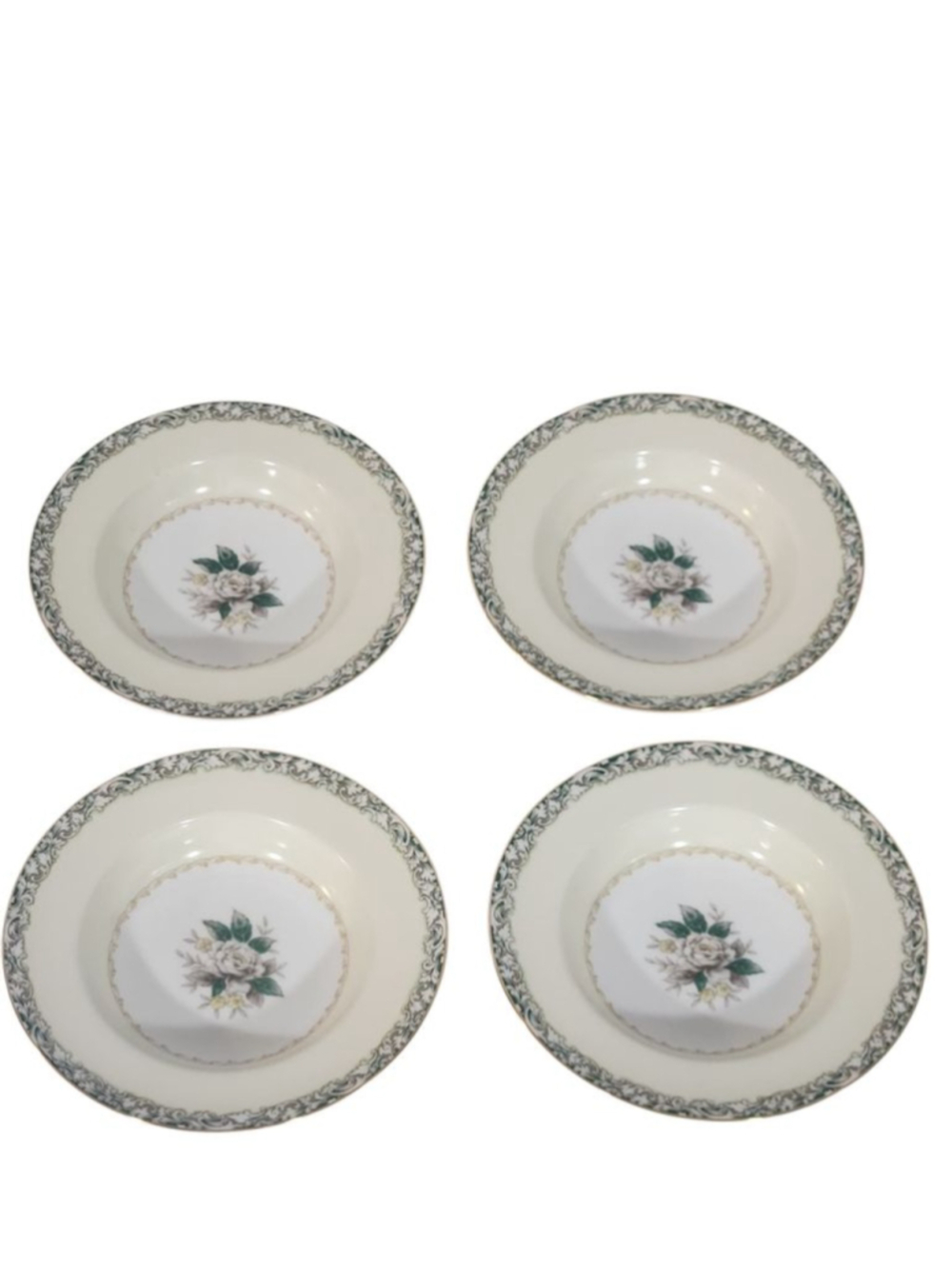 Set of 4 Noritake China "Mystery #14" 8" Rimmed Soup Bowls - White Rose Floral